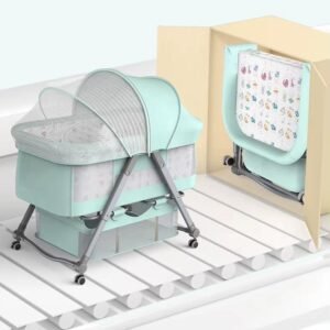 Berceau Bébé Pliable Premium – Gris & Vert – Confort et Sécurité